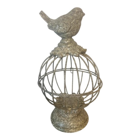 French Wire Metal Bird Cage Decor, Sparrow Topper & Pedestal Design Opens 8.75" - Picture 4 of 8